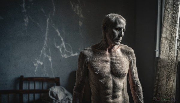 solo,short hair,1boy,navel,closed mouth,nipples,upper body,white hair,male focus,nude,indoors,pectorals,topless male,realistic,statue,horror (theme),bed,muscular,facial hair,parody,abs,dark,very short hair,wall,scene reference