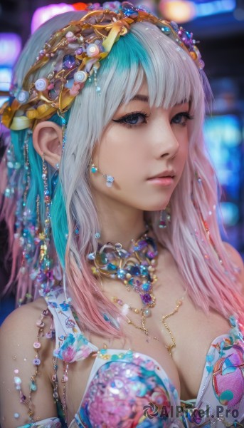 1girl,solo,long hair,breasts,looking at viewer,bangs,blue eyes,large breasts,hair ornament,cleavage,bare shoulders,jewelry,medium breasts,closed mouth,upper body,pink hair,white hair,multicolored hair,earrings,necklace,blurry,black eyes,lips,grey eyes,eyelashes,aqua hair,gradient hair,depth of field,blurry background,watermark,gem,web address,armlet,realistic,nose,pearl (gemstone),blue hair,artist name,bra,two-tone hair,expressionless,beads,headdress