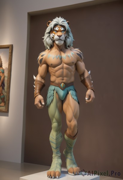 solo,long hair,looking at viewer,blue eyes,1boy,navel,animal ears,jewelry,underwear,nipples,standing,full body,white hair,grey hair,male focus,thighs,dark skin,stomach,tattoo,mask,muscular,facial hair,thick thighs,piercing,abs,dark-skinned male,thick eyebrows,pectorals,muscular male,bara,claws,beard,furry,clenched hands,large pectorals,bulge,topless male,mature male,mustache,furry male,male underwear,biceps,navel hair,wrestling outfit,thick arms,tail,artist name,medium hair,painting (object),tiger boy