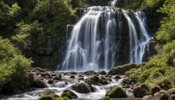 A waterfall portrayed in a vivid day