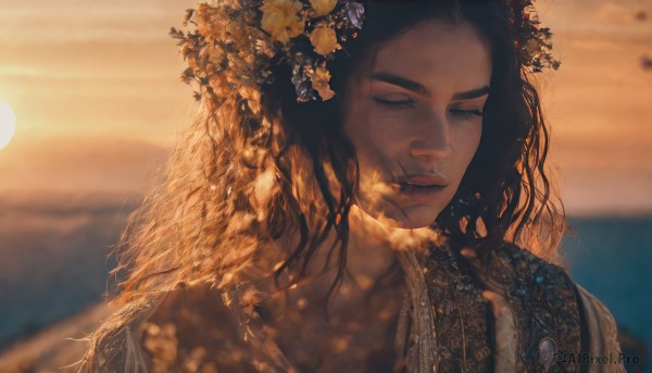 1girl,solo,long hair,black hair,hair ornament,closed mouth,closed eyes,upper body,flower,outdoors,parted lips,sky,hair flower,dark skin,blurry,dark-skinned female,lips,eyelashes,depth of field,blurry background,ocean,leaf,wavy hair,half-closed eyes,sunlight,portrait,backlighting,curly hair,sunset,realistic,nose,sun,jewelry