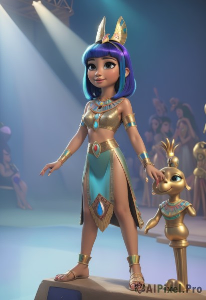 1girl,solo,breasts,looking at viewer,smile,short hair,bangs,multiple girls,skirt,hair ornament,navel,bare shoulders,jewelry,closed mouth,blue hair,standing,full body,purple hair,small breasts,solo focus,midriff,dark skin,blunt bangs,medium hair,necklace,nail polish,black eyes,bracelet,dark-skinned female,lips,grey eyes,makeup,watermark,sandals,bob cut,crown,lipstick,gem,pelvic curtain,armlet,toenails,anklet,toenail polish,bracer,loincloth,egyptian,egyptian clothes,brown eyes,fingernails,web address,stage,stage lights