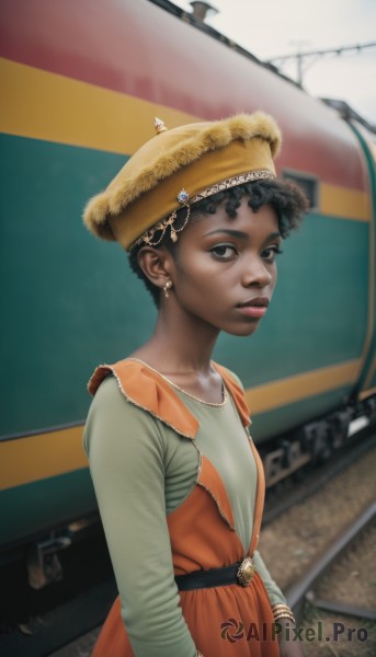 1girl,solo,looking at viewer,short hair,shirt,black hair,long sleeves,hat,dress,brown eyes,jewelry,upper body,earrings,outdoors,parted lips,belt,dark skin,blurry,black eyes,bracelet,dark-skinned female,lips,freckles,curly hair,realistic,nose,very dark skin,afro,train station