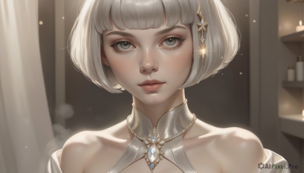 1girl,solo,looking at viewer,short hair,bangs,hair ornament,dress,bare shoulders,jewelry,closed mouth,collarbone,upper body,white hair,artist name,indoors,blunt bangs,necklace,star (symbol),white dress,blurry,lips,grey eyes,eyelashes,makeup,bob cut,gem,portrait,nose,candle,shiny,sparkle,halterneck,glint,realistic