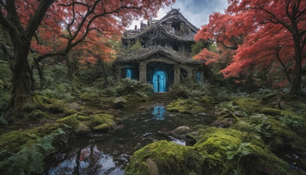 outdoors,sky,day,cloud,water,tree,no humans,window,leaf,grass,building,nature,scenery,forest,rock,autumn leaves,architecture,house,bridge,east asian architecture,river,autumn,stream,ruins,landscape,moss,stone,pond