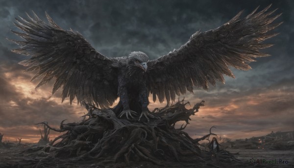 red eyes,weapon,outdoors,wings,sky,cloud,tree,no humans,bird,cloudy sky,scenery,feathered wings,monster,fantasy,ruins,fire,feathers,crow,eagle