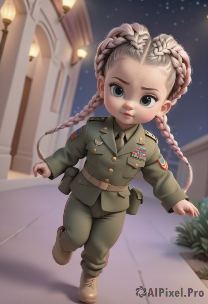 1girl,solo,long hair,looking at viewer,blonde hair,shirt,long sleeves,closed mouth,green eyes,standing,jacket,full body,braid,grey hair,boots,outdoors,necktie,sky,collared shirt,belt,pants,uniform,twin braids,lips,military,military uniform,night,buttons,brown footwear,standing on one leg,building,child,star (sky),night sky,black necktie,forehead,walking,pocket,running,pouch,green jacket,female child,road,lamppost,street,military jacket,green pants,pavement,artist name,blurry,blurry background,epaulettes,medal,patch