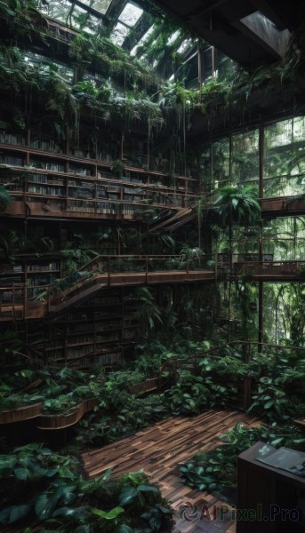 day,indoors,tree,book,no humans,window,leaf,sunlight,plant,nature,scenery,wooden floor,stairs,bookshelf,potted plant,shelf,library,moss,overgrown,building,rain,railing,ruins,vines,ladder