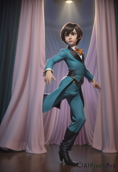 1girl,solo,looking at viewer,short hair,blue eyes,brown hair,black hair,long sleeves,bow,standing,full body,boots,pants,artist name,indoors,bowtie,black footwear,high heels,lips,formal,suit,curtains,blue jacket,androgynous,high heel boots,orange bow,blue pants,reverse trap,coattails,spotlight,jacket,makeup,night,tomboy,orange bowtie