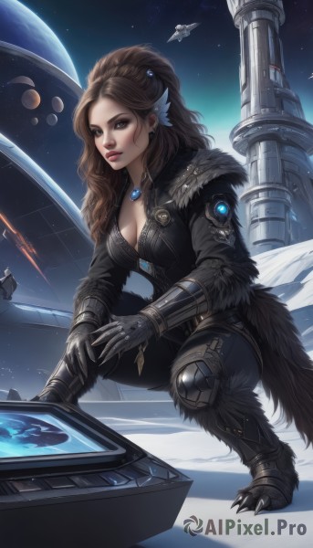 1girl,solo,long hair,breasts,looking at viewer,blue eyes,large breasts,brown hair,hair ornament,gloves,cleavage,brown eyes,jewelry,medium breasts,full body,ponytail,earrings,boots,sky,black gloves,pants,artist name,signature,necklace,armor,lips,fur trim,bodysuit,makeup,night,watermark,wavy hair,moon,squatting,gauntlets,gem,star (sky),claws,pendant,starry sky,science fiction,aircraft,nose,armored boots,space,knee pads,one knee,greaves,planet,earth (planet),spacecraft,weapon,parted lips,realistic