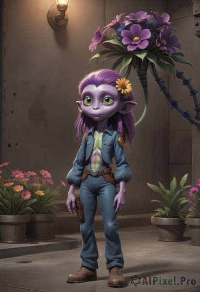 1girl,solo,long hair,breasts,hair ornament,green eyes,standing,full body,weapon,purple hair,flower,small breasts,open clothes,pointy ears,belt,signature,hair flower,gun,no bra,colored skin,brown footwear,plant,monster girl,pouch,potted plant,holster,green skin,purple skin,fewer digits,looking at viewer,navel,medium breasts,jacket,boots,shoes,pants,open jacket,denim,handgun,lantern,blue skin,lamp,pink skin