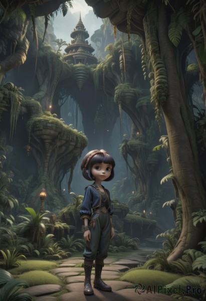 1girl,solo,looking at viewer,smile,short hair,bangs,shirt,black hair,long sleeves,standing,hairband,boots,outdoors,shoes,belt,pants,blunt bangs,black eyes,tree,leaf,sunlight,bob cut,plant,child,nature,scenery,forest,lantern,fantasy,female child,mushroom,blue eyes,jewelry,signature,necklace,bag,bracelet,grass,wide shot