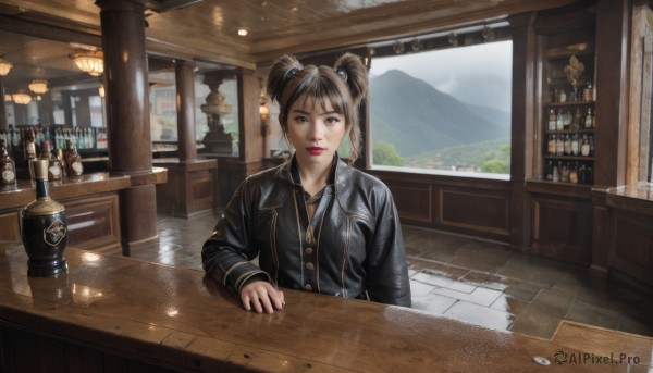 1girl,solo,long hair,looking at viewer,bangs,brown hair,shirt,black hair,hair ornament,long sleeves,twintails,brown eyes,sitting,closed mouth,jacket,upper body,day,indoors,black eyes,cup,lips,black jacket,black shirt,window,makeup,buttons,table,bottle,lipstick,scenery,reflection,realistic,red lips,leather,leather jacket,jar,counter,short hair,jewelry,earrings,artist name,signature,short twintails,alcohol,drinking glass,mountain,bar (place),denim jacket