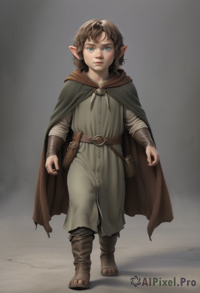 1girl,solo,looking at viewer,short hair,blue eyes,brown hair,long sleeves,closed mouth,standing,full body,boots,pointy ears,belt,pants,hood,medium hair,cape,brown footwear,elf,child,cloak,pouch,fantasy,female child,brown belt,belt pouch,tunic,hooded cape,brown cape,bangs,1boy,dress,weapon,male focus,grey background,lips,sandals,hood down,brooch,sheath,realistic,nose,leather belt