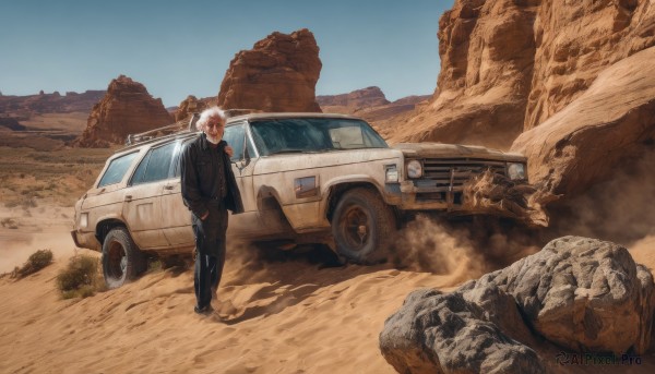 solo,short hair,1boy,standing,jacket,white hair,male focus,outdoors,necktie,sky,day,pants,dark skin,black jacket,looking to the side,black pants,formal,dark-skinned male,suit,ground vehicle,scenery,motor vehicle,hand in pocket,mountain,hands in pockets,car,wide shot,vehicle focus,desert,dust,looking at viewer,shirt,long sleeves,holding,shoes,black footwear,blue sky,black shirt,smoke,cigarette,rock,sand,smoking,holding cigarette,sports car