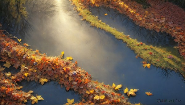 HQ,outdoors,day,water,tree,no humans,leaf,sunlight,grass,nature,scenery,forest,reflection,light rays,autumn leaves,maple leaf,autumn,falling leaves,from above,plant,road,river,path,reflective water