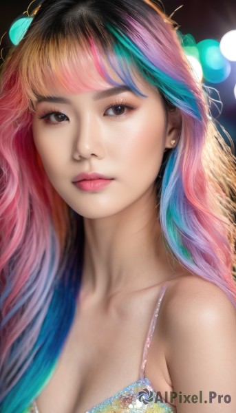 1girl,solo,long hair,breasts,looking at viewer,bangs,blonde hair,black hair,cleavage,bare shoulders,brown eyes,jewelry,medium breasts,closed mouth,underwear,blue hair,collarbone,upper body,pink hair,multicolored hair,earrings,artist name,blunt bangs,bra,blurry,black eyes,two-tone hair,lips,eyelashes,gradient hair,makeup,depth of field,blurry background,watermark,lipstick,web address,eyeshadow,realistic,nose,stud earrings,bokeh,mascara,streaked hair,pink lips,rainbow hair