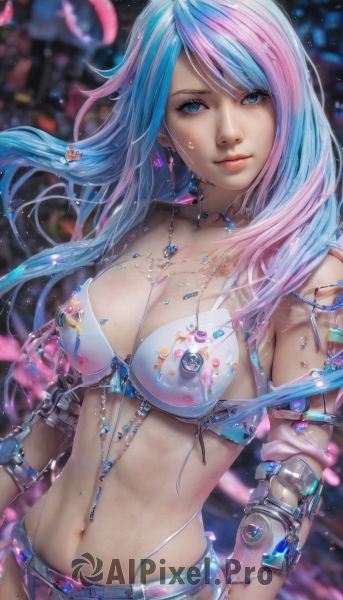 1girl,solo,long hair,breasts,looking at viewer,bangs,blue eyes,navel,cleavage,jewelry,medium breasts,closed mouth,underwear,blue hair,swimsuit,pink hair,bikini,multicolored hair,earrings,midriff,necklace,bra,blurry,two-tone hair,lips,head tilt,see-through,gradient hair,makeup,blurry background,swept bangs,piercing,gem,revealing clothes,science fiction,realistic,android,cable,navel piercing,cyborg,cyberpunk,large breasts,collarbone,upper body,belt,artist name,stomach,nail polish,eyelashes,depth of field,chain,watermark,armlet,pink lips,nose