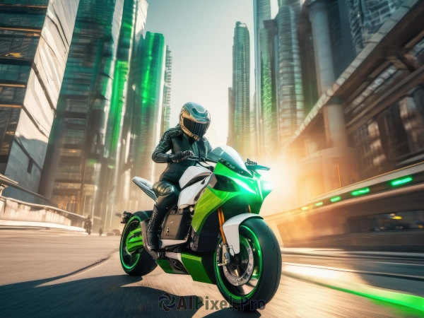 1girl,solo,gloves,1boy,jacket,male focus,boots,outdoors,helmet,ground vehicle,building,scenery,motor vehicle,city,road,leather,motorcycle,police,street,skyscraper,leather jacket,biker clothes,motorcycle helmet,sky,bodysuit,motion blur,riding,on motorcycle