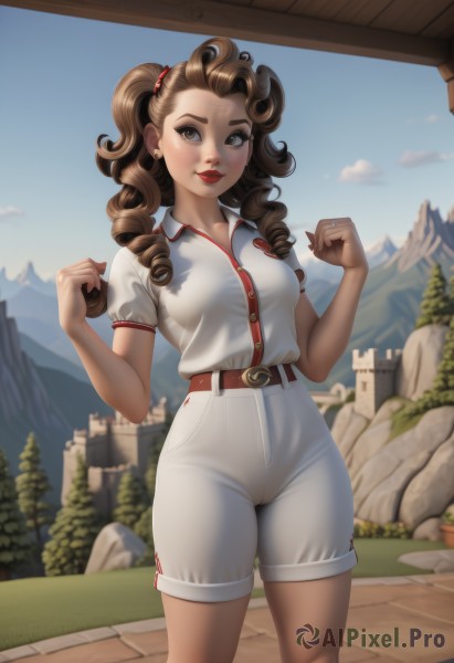 1girl,solo,long hair,breasts,looking at viewer,smile,brown hair,shirt,twintails,brown eyes,jewelry,medium breasts,closed mouth,standing,white shirt,short sleeves,earrings,outdoors,sky,shorts,day,collared shirt,belt,artist name,blurry,tree,blue sky,lips,hands up,short shorts,makeup,blurry background,drill hair,lipstick,buckle,clenched hands,curly hair,white shorts,belt buckle,mountain,red lips,brown belt,w arms,high-waist shorts,cloud,sportswear,ringlets