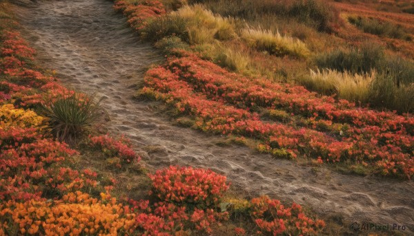 outdoors,water,tree,no humans,leaf,traditional media,grass,nature,scenery,forest,autumn leaves,field,maple leaf,river,autumn,path,flower,day,sunlight,plant,road