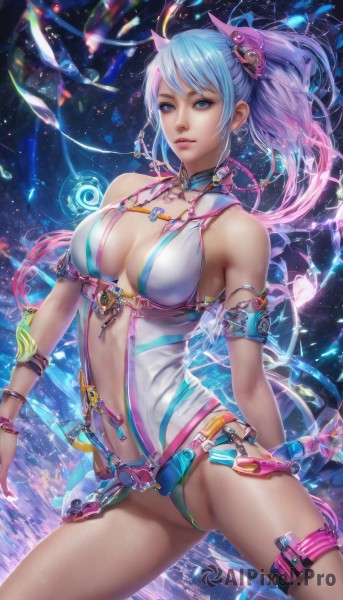 1girl,solo,long hair,breasts,looking at viewer,bangs,blue eyes,large breasts,hair ornament,navel,cleavage,bare shoulders,jewelry,medium breasts,blue hair,ponytail,pink hair,multicolored hair,cowboy shot,earrings,parted lips,necklace,nail polish,bracelet,two-tone hair,leotard,lips,gradient hair,thigh strap,armlet,science fiction,realistic,nose,center opening,standing,artist name,watermark,revealing clothes,armband