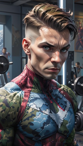 solo,looking at viewer,short hair,blue eyes,blonde hair,brown hair,1boy,closed mouth,upper body,male focus,multiple boys,solo focus,artist name,indoors,lips,bodysuit,muscular,pectorals,muscular male,multicolored clothes,realistic,undercut,camouflage,superhero,red bodysuit,blue bodysuit,exercise,spider web print,black hair,sweat,grey eyes,facial hair,serious,gym,dumbbell