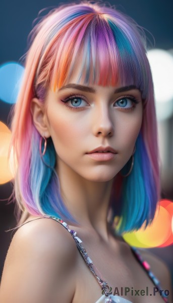 1girl,solo,breasts,looking at viewer,short hair,bangs,blue eyes,cleavage,bare shoulders,jewelry,closed mouth,underwear,blue hair,upper body,pink hair,multicolored hair,earrings,small breasts,artist name,blunt bangs,medium hair,bra,blurry,two-tone hair,lips,eyelashes,gradient hair,makeup,depth of field,blurry background,watermark,web address,eyeshadow,hoop earrings,realistic,nose,bokeh,mascara,rainbow hair,medium breasts,collarbone,swimsuit,bikini,parted lips,from side,streaked hair,looking to the side,bob cut,portrait,blue bikini,eyeliner