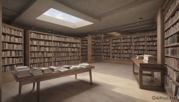 sky,day,cloud,indoors,blue sky,book,no humans,window,shadow,chair,table,sunlight,scenery,desk,wooden floor,paper,open book,bookshelf,shelf,book stack,library,ceiling