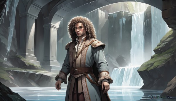 solo,long hair,looking at viewer,brown hair,black hair,long sleeves,1boy,brown eyes,closed mouth,standing,weapon,male focus,belt,sword,dark skin,water,armor,lips,coat,facial hair,sunlight,sheath,curly hair,pillar,waterfall,dreadlocks,afro,blue eyes,cowboy shot,outdoors,robe