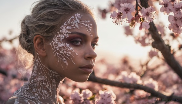 1girl, solo, looking at viewer, closed mouth, flower, dark skin, blurry, tree, lips, blurry background, cherry blossoms, portrait, realistic, nose, branch