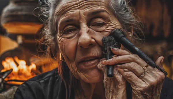 solo,looking at viewer,1boy,holding,jewelry,white hair,grey hair,male focus,blurry,lips,blurry background,formal,ring,fire,portrait,smoke,realistic,old,old man,old woman,wrinkled skin,1girl,jacket,earrings,parted lips,necklace,grey eyes,pen,cigar