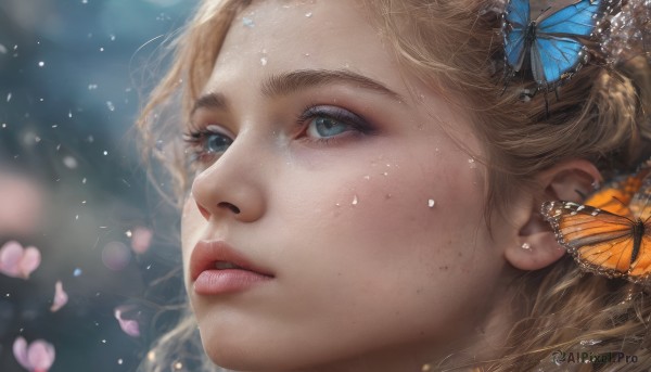 1girl, solo, long hair, blue eyes, blonde hair, hair ornament, parted lips, blurry, lips, petals, eyelashes, depth of field, bug, butterfly, portrait, close-up, freckles, realistic, nose