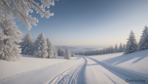 outdoors,sky,day,cloud,tree,blue sky,no humans,plant,nature,scenery,snow,forest,mountain,road,winter,bare tree,landscape,pine tree