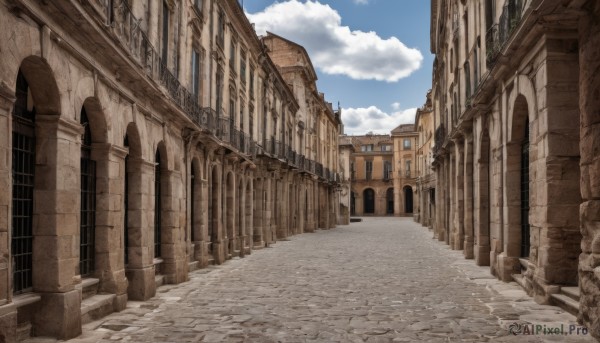 outdoors,sky,day,cloud,tree,blue sky,no humans,window,cloudy sky,building,scenery,stairs,road,architecture,ruins,pillar,street,arch,pavement,stone floor,path,column,stone wall,vanishing point