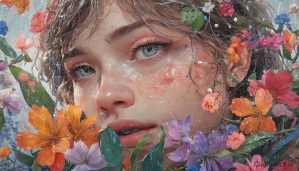 1girl, solo, looking at viewer, short hair, blue eyes, brown hair, flower, parted lips, mole, lips, wet, eyelashes, mole under eye, portrait, close-up, rain, blue flower, water drop, realistic, yellow flower, nose, purple flower, wet hair, orange flower