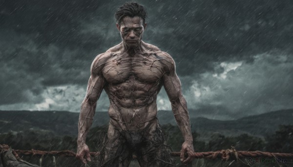 solo,looking at viewer,short hair,black hair,1boy,navel,holding,closed mouth,standing,weapon,male focus,cowboy shot,outdoors,sky,sword,cloud,holding weapon,tree,wet,blood,muscular,scar,abs,cloudy sky,muscular male,polearm,rain,veins,topless male,lightning,closed eyes,nude,tattoo,facial hair,beard,barbed wire