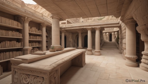 indoors,book,no humans,table,sunlight,plant,scenery,stairs,bookshelf,pillar,book stack,library,column,day,building,railing,potted plant,architecture,ruins,bridge,statue,arch