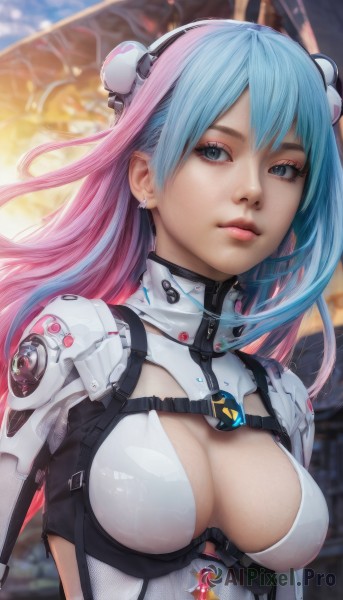 1girl,solo,long hair,breasts,looking at viewer,bangs,blue eyes,large breasts,hair ornament,cleavage,jewelry,medium breasts,closed mouth,blue hair,upper body,pink hair,multicolored hair,earrings,blurry,two-tone hair,lips,looking to the side,grey eyes,clothing cutout,bodysuit,gradient hair,makeup,blurry background,headgear,cleavage cutout,science fiction,realistic,nose,sky,armor,eyelashes,white bodysuit