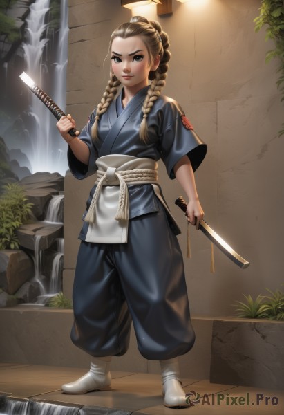 1girl,solo,long hair,breasts,looking at viewer,brown hair,holding,twintails,brown eyes,closed mouth,standing,full body,weapon,braid,boots,japanese clothes,pants,sword,water,holding weapon,black eyes,twin braids,lips,sash,holding sword,white footwear,katana,knife,plant,sheath,hair over shoulder,forehead,dual wielding,reverse grip,waterfall,blush,short sleeves,socks,artist name,indoors,kimono,v-shaped eyebrows,watermark,obi,blue kimono,tabi,scabbard,thick lips