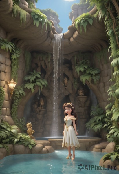 1girl,solo,long hair,smile,brown hair,dress,bare shoulders,brown eyes,standing,outdoors,sky,barefoot,day,water,off shoulder,white dress,tree,plant,scenery,wading,lantern,fantasy,waterfall,statue,fountain,open mouth,twintails,artist name,blue sky,animal,sunlight,nature,walking,sun,lamp