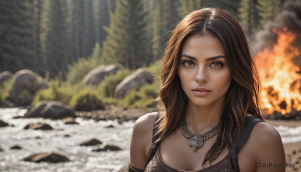 1girl,solo,long hair,breasts,looking at viewer,brown hair,cleavage,bare shoulders,brown eyes,jewelry,upper body,outdoors,parted lips,day,dark skin,water,necklace,blurry,dark-skinned female,tree,lips,depth of field,blurry background,fire,nature,forehead,forest,rock,realistic,river,portrait