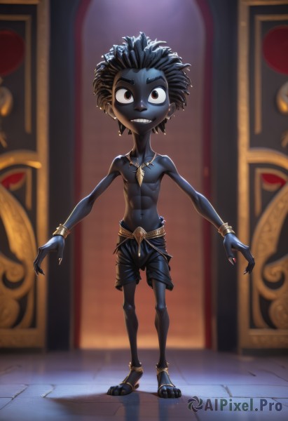 solo,looking at viewer,smile,black hair,red eyes,1boy,navel,jewelry,standing,full body,male focus,earrings,shorts,teeth,dark skin,necklace,grin,blurry,bracelet,blurry background,colored skin,sandals,dark-skinned male,sharp teeth,topless male,anklet,blue skin,male child,black skin,short hair,brown eyes,fingernails,black shorts,piercing,abs,bodypaint,dreadlocks