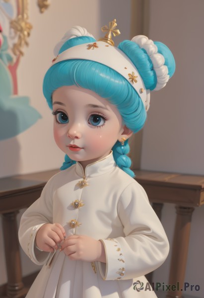 1girl,solo,looking at viewer,blush,blue eyes,long sleeves,dress,jewelry,closed mouth,blue hair,upper body,braid,hairband,earrings,indoors,hair bun,white dress,blurry,twin braids,lips,double bun,aqua hair,blurry background,white headwear,child,red lips,female child,long hair,white background,artist name,signature,eyelashes,shadow,chinese clothes