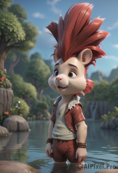 solo,smile,open mouth,shirt,1boy,animal ears,brown eyes,jewelry,standing,jacket,tail,white shirt,flower,short sleeves,male focus,red hair,outdoors,open clothes,sky,shorts,teeth,day,belt,artist name,cloud,signature,water,necklace,blurry,black eyes,vest,bracelet,open jacket,tree,blue sky,depth of field,blurry background,watermark,happy,spiked hair,wristband,child,red jacket,furry,wading,clenched hands,partially submerged,freckles,rock,mouse ears,furry male,male child,body fur,animal nose,whiskers,snout,pond,buck teeth,nature,web address,reflection,brown shorts,river,open vest,lake,mohawk