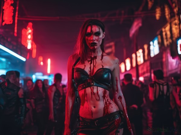 1girl,long hair,breasts,skirt,black hair,gloves,navel,bare shoulders,medium breasts,weapon,multiple boys,solo focus,midriff,belt,fingerless gloves,blurry,gun,blood,makeup,blurry background,eyepatch,sunglasses,lipstick,blood on face,blood on clothes,zombie,blood splatter,blood on hands,cyberpunk,neon lights,looking at viewer,standing,shorts,bra,short shorts,strapless,mask,night,genderswap (mtf),tube top,multiple others,crowd,guro