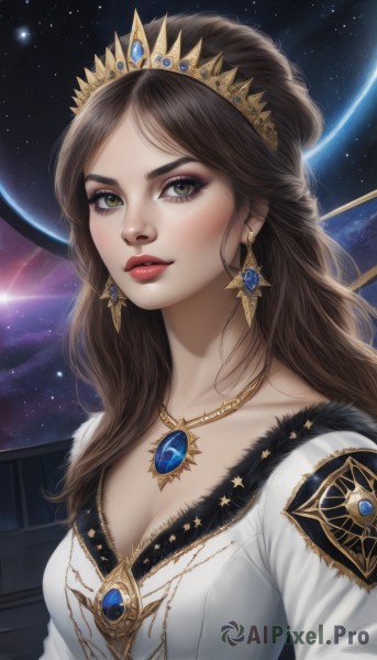 1girl,solo,long hair,breasts,looking at viewer,brown hair,dress,cleavage,brown eyes,jewelry,medium breasts,green eyes,collarbone,upper body,earrings,parted lips,sky,necklace,white dress,lips,fur trim,makeup,tiara,crown,lipstick,gem,star (sky),starry sky,freckles,realistic,nose,red lips,space,planet,princess,bangs,parted bangs,eyelashes,pendant,eyeshadow,emblem