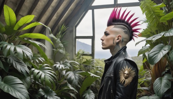 solo,black hair,1boy,jewelry,closed mouth,jacket,upper body,pink hair,flower,male focus,red hair,multicolored hair,earrings,day,indoors,from side,two-tone hair,black jacket,window,tattoo,profile,leaf,piercing,plant,spiked hair,ear piercing,leather,undercut,leather jacket,mohawk,makeup,zipper,very short hair,facial tattoo,nose piercing,lip piercing,eyebrow piercing