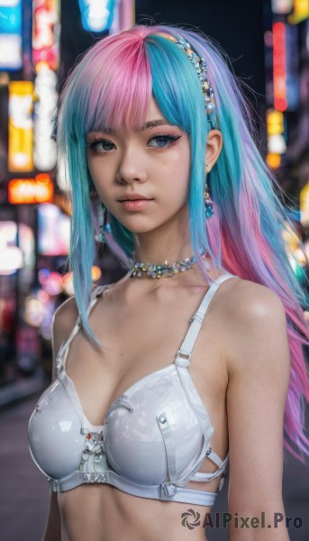 1girl,solo,long hair,breasts,looking at viewer,bangs,blue eyes,cleavage,bare shoulders,jewelry,medium breasts,closed mouth,underwear,blue hair,collarbone,upper body,pink hair,multicolored hair,hairband,earrings,shiny,necklace,bra,mole,blurry,two-tone hair,lips,grey eyes,aqua hair,gradient hair,makeup,blurry background,eyeshadow,freckles,white bra,mole on breast,realistic,nose,choker,artist name,eyelashes,night,depth of field,watermark,split-color hair