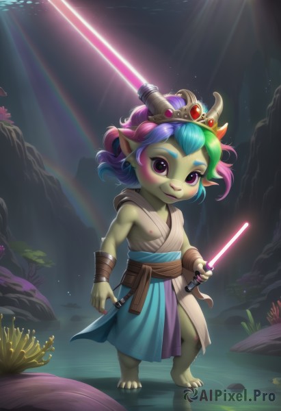 solo,looking at viewer,smile,short hair,1boy,holding,jewelry,closed mouth,nipples,blue hair,standing,purple eyes,full body,weapon,pink hair,purple hair,male focus,multicolored hair,green hair,horns,barefoot,pointy ears,sword,artist name,water,holding weapon,two-tone hair,colored skin,holding sword,crown,child,light rays,male child,green skin,loincloth,monster boy,energy sword,tunic,rainbow hair,lightsaber,1girl,pink eyes,tiara,aged down,furry,fish,underwater,mohawk